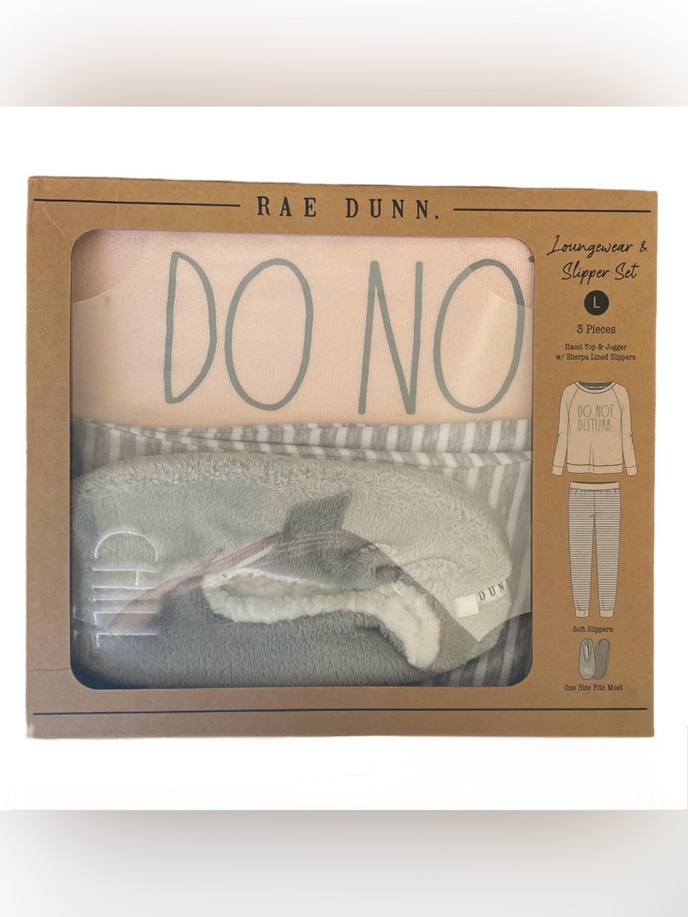 Rae Dunn NWT Loungewear & Slipper Set Do Not Disturb Pink Grey Large